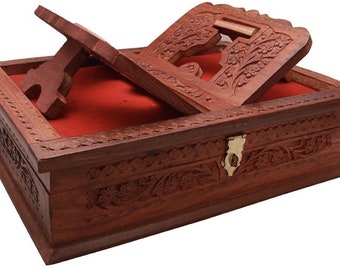 Wooden Décor Holy Book Stand Box for Reading Quran, Geeta, Guru Granth Sahib, Bible