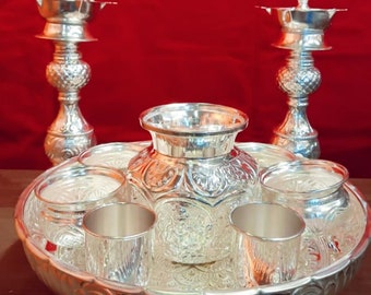 fully carved German silver pooja thali set / aarti plate set for house warming party/wedding/festivals