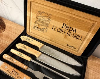 Kit barbecue personalizzato in legno e acciaio inox – Scatola per barbecue incisa al laser – Regalo per la festa del papà