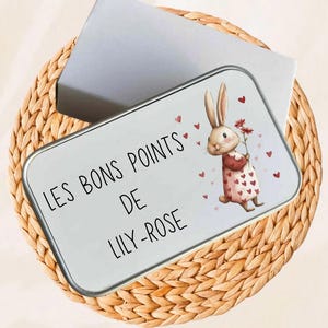 Peut inclure: Une boîte en métal rectangulaire avec un couvercle blanc portant l'inscription LES BONS POINTS DE LILY-ROSE en noir. Le motif représente un lapin brun vêtu d'une robe à motifs, tenant une fleur rouge, entouré de petits cœurs rouges.