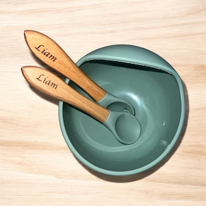Personalized baby meal set – Silicone suction bowl + wooden spoon and fork – Original birth gift – Baby tableware with first name