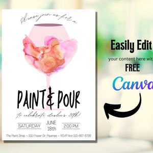 Editable Paint and Pour Party, Paint and Sip Invitation, Paint Night Birthday Party, Canva Template, Instant Download image 3