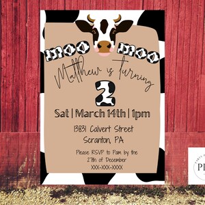Moo Moo I&#39;m Two! 2nd Birthday Invitation, Western Birthday, Farm Animals, Editable Template