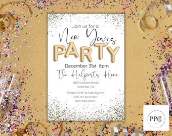 Peut inclure: Une carte d'invitation blanche avec des paillettes dorées et du texte qui dit "Join us for a New Years PARTY". La date et l'heure de la fête sont indiquées comme "December 31st 8pm". Le lieu est indiqué comme "The Halperts Home, 13831 Calvert Street, Scranton, PA". Les informations RSVP sont indiquées comme "Please RSVP to Pam by the 27th of December, XXX-XXX-XXXX".