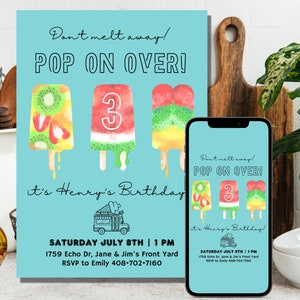 Editable Popsicle Birthday Invite, Summer Birthday Invitation, Pop on Over Invite, Popsicle Party, Digital Download