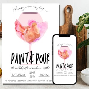 Editable Paint and Pour Party, Paint and Sip Invitation, Paint Night Birthday Party, Canva Template, Instant Download image 1