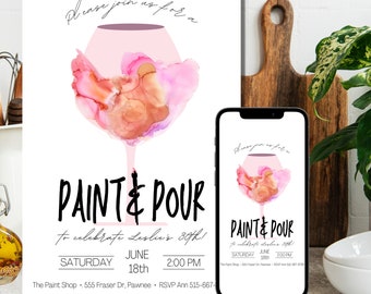 Bearbeitbare Paint and Pour Party, Paint and Sip Einladung, Paint Night Geburtstagsfeier, Canva Vorlage, Sofort Download