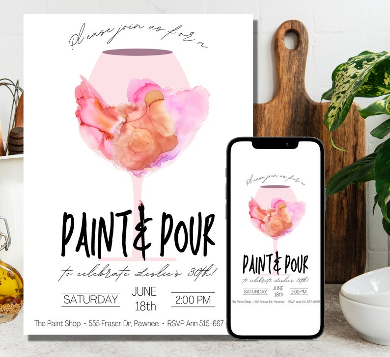 Editable Paint and Pour Party, Paint and Sip Invitation, Paint Night Birthday Party, Canva Template, Instant Download image 1