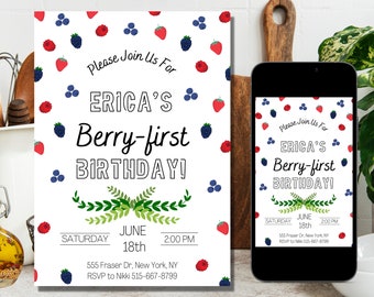 Berry First Birthday Invitation, Modern Strawberry Invitation, Strawberry Birthday Evite, Canva Instant Download