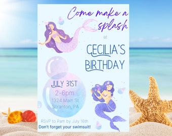 May include: A mermaid-themed birthday invitation with the text "Come make a splash at Cecilia's Birthday." The invitation includes the date, time, and location. The design features illustrations of mermaids and bubbles, set against a beach background.