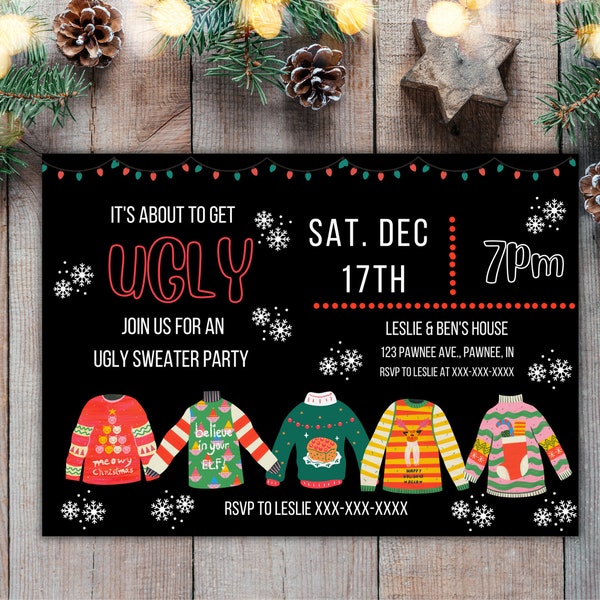 Ugly Christmas Sweater, Editable, Ugly Sweater Party, Holiday Invitation, Winter Invite, Printable Template, Instant Download