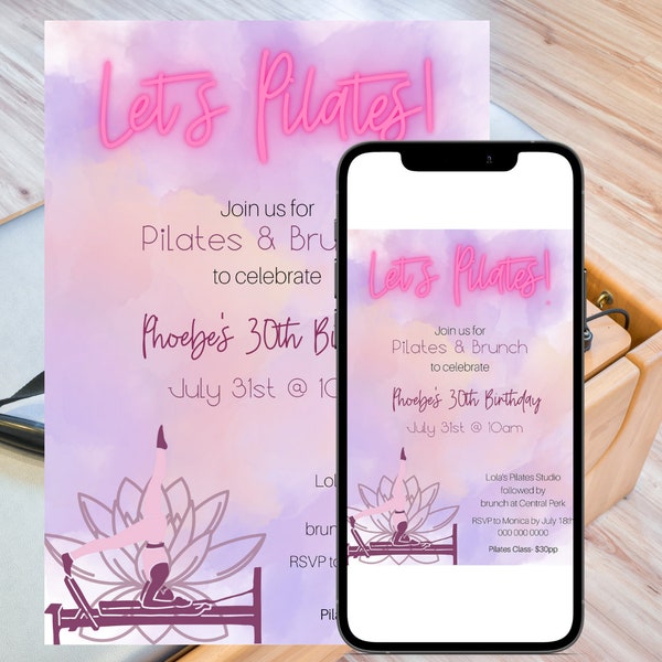 Pilates Party Invite | Pilates Class Invite | Let's Pilates | Pilates Brunch Invite | Editable Template