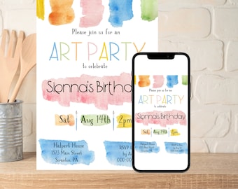 Invitación de cumpleaños editable para fiesta de arte, temática de pintura (descarga digital)