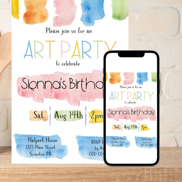 Art Party Invitation, Paint Party, Invitation anniversaire Art Party, Invitation anniversaire fille modifiable, Modèle modifiable