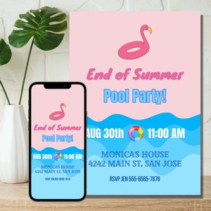 Editable End of Summer Pool Party Invite, Back to school pool beach party, Instant Digital Download