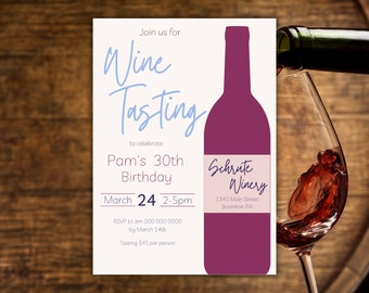 May include: A white invitation to a wine tasting to celebrate Pam's 30th birthday. The invitation features a purple silhouette of a wine bottle with the text "Schrute Winery" and the address "1342 Main Street Scranton, PA". The invitation also includes the date "March 24" and the time "2-5pm".