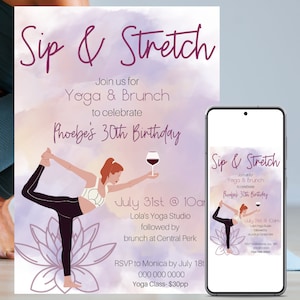 Sip & Stretch Yoga Party Invite, Ladies Yoga Party Invitation, Namaste and Rose, Editable Template