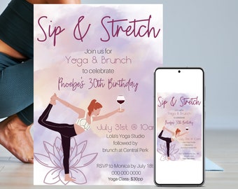 Sip & Stretch Yoga Party Invite, Damen Yoga Party Einladung, Namaste und Rose, bearbeitbare Vorlage