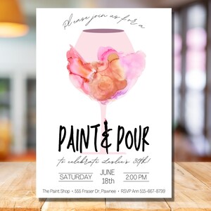 Editable Paint and Pour Party, Paint and Sip Invitation, Paint Night Birthday Party, Canva Template, Instant Download image 2