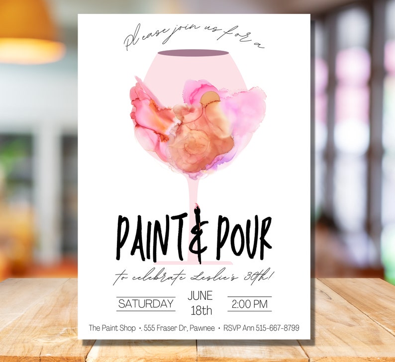 Editable Paint and Pour Party, Paint and Sip Invitation, Paint Night Birthday Party, Canva Template, Instant Download image 2