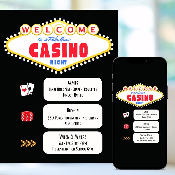 Casino night flyer, fundraiser poker night event invite, casino night party, instant digital download