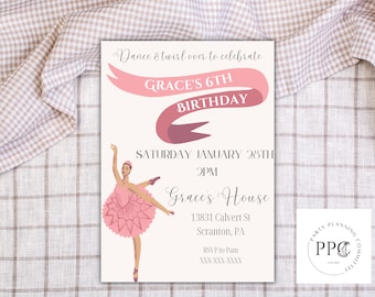 Ballerina Birthday Invitation, Pink Ballet Birthday Invite Editable Template