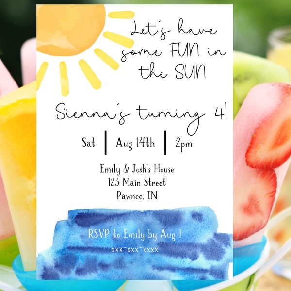 Fun in the Sun Birthday Invitation Summer Birthday Invite Editable Template