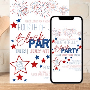 Fourth of July Celebration, 4th of July Invitation, BBQ Fireworks, Neighborhood Block Party, Editable Template