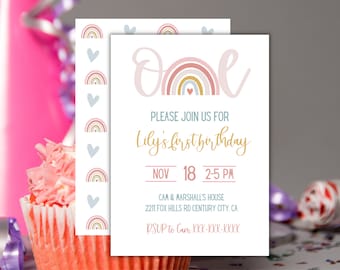 Rainbow 1st Birthday Party Invitation, First Birthday, Instant Download