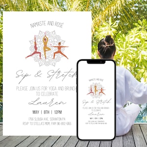 Ladies Yoga Party Invitation, Namaste and Rose, Minimal and Chic Yoga Brunch Invite, Girls Yoga Birthday, Digital Download