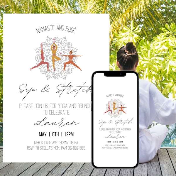 Ladies Yoga Party Invitation, Namaste and Rose, Minimal and Chic Yoga Brunch Invite, Girls Yoga Birthday, Digital Download