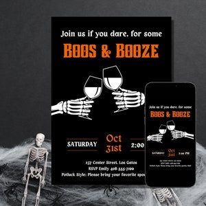 Invitación personalizada a la fiesta de Halloween, Skeleton Boos &Booze Invitación a la fiesta de Halloween para adultos, Linda invitación a la fiesta de Halloween, Descarga digital instantánea