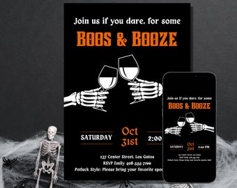Custom Halloween Party Invite, Skeleton Boos & Booze Adult Halloween Party Invitation, Cute Halloween Party Invite, Instant Digital Download