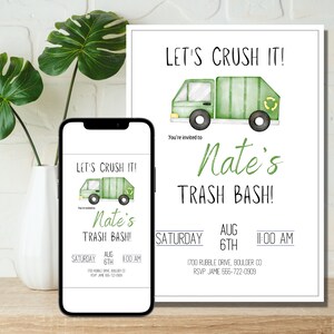 Garbage Truck Party Invite, Trash Truck Birthday Party, Toddler boy Truck Party, Instant digital Download