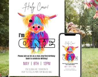 Holy Cow I'm One Invitation, invito al primo compleanno della mucca delle Highland, mucca delle Highland colorata, download digitale istantaneo