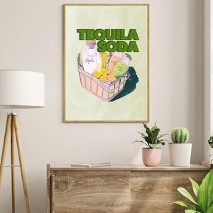 Tequila Soda Digital Print | Green Minimalist Wall Art | Cocktail Kitchen Decor | Bar Cart Art | Instant Download