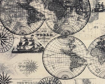 Map of the World on Cream: Ocean Maps by Lula Bijoux Studio for David Textiles