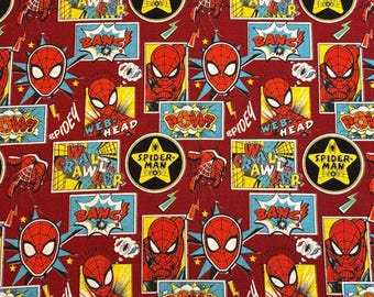 Spiderman Marvel Comic Strip Cotton Fabric in Red by Camelot Fabrics