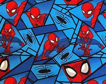 Spiderman Geometric Pattern Cotton Fabric Pieces Red on Blue