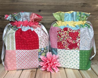 Patchwork Cotton Gift Bags: Reusable Drawstring Sacks, Set of 2