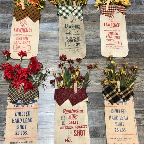 Upcycled Vintage Lead Shot Bags Repurposed Canvas Fabric Farmhouse Decor Floral Crafting DIY Sacks Front Door Wood Mounting Hanging Accent