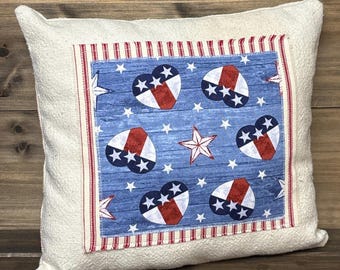 Patriotic Decorative Pillow: Vintage Feed Sack USA Made Americana Decor Primitive