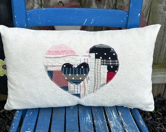 Farmhouse Feed Sack Pillow: Vintage Quilt Heart Applique USA Made Rustic Decor
