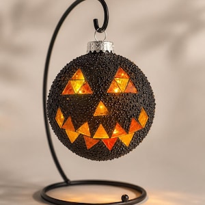Handmade Jack O Lantern & Halloween Cat Mosaic Ornament, Lighted Halloween Pumpkin Decor, One of a Kind Spooky Gift