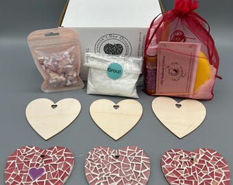 DIY Mosaic Heart Ornament Kit – Pink Glass Tile, Makes 3