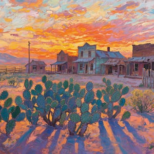 Western Town Sunset Fabric Panel, 36“ × 48“ Panel, 100% Cotton Fabric