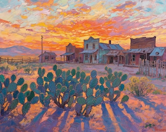 Desert Ghost Town Oil Painting Cotton Fabric Panel, 36“ × 48“ Panel, 100% Cotton Fabric