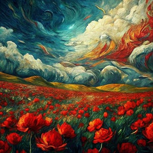 Puede incluir: Pintura impresionista de un campo de amapolas rojas bajo un cielo dramático. El cielo presenta remolinos de azules, blancos y naranjas ardientes, sugiriendo una tormenta. El campo de amapolas es denso y vibrante.