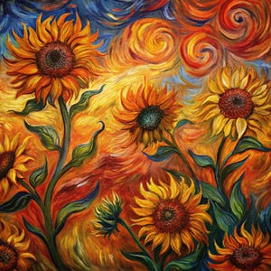 Peut inclure: Peinture à l'huile de tournesols dans un champ. Les fleurs ont des pétales jaunes et oranges vifs et des centres bruns foncés. L'arrière-plan présente des coups de pinceau tourbillonnants orange, jaune et bleu.