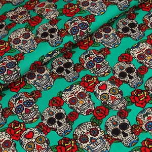 Tissu crâne en sucre Le jour des morts Tissu Dia De Los Muertos Têtes de mort en sucre Tissu dessin animé Tissu pur coton par mètre